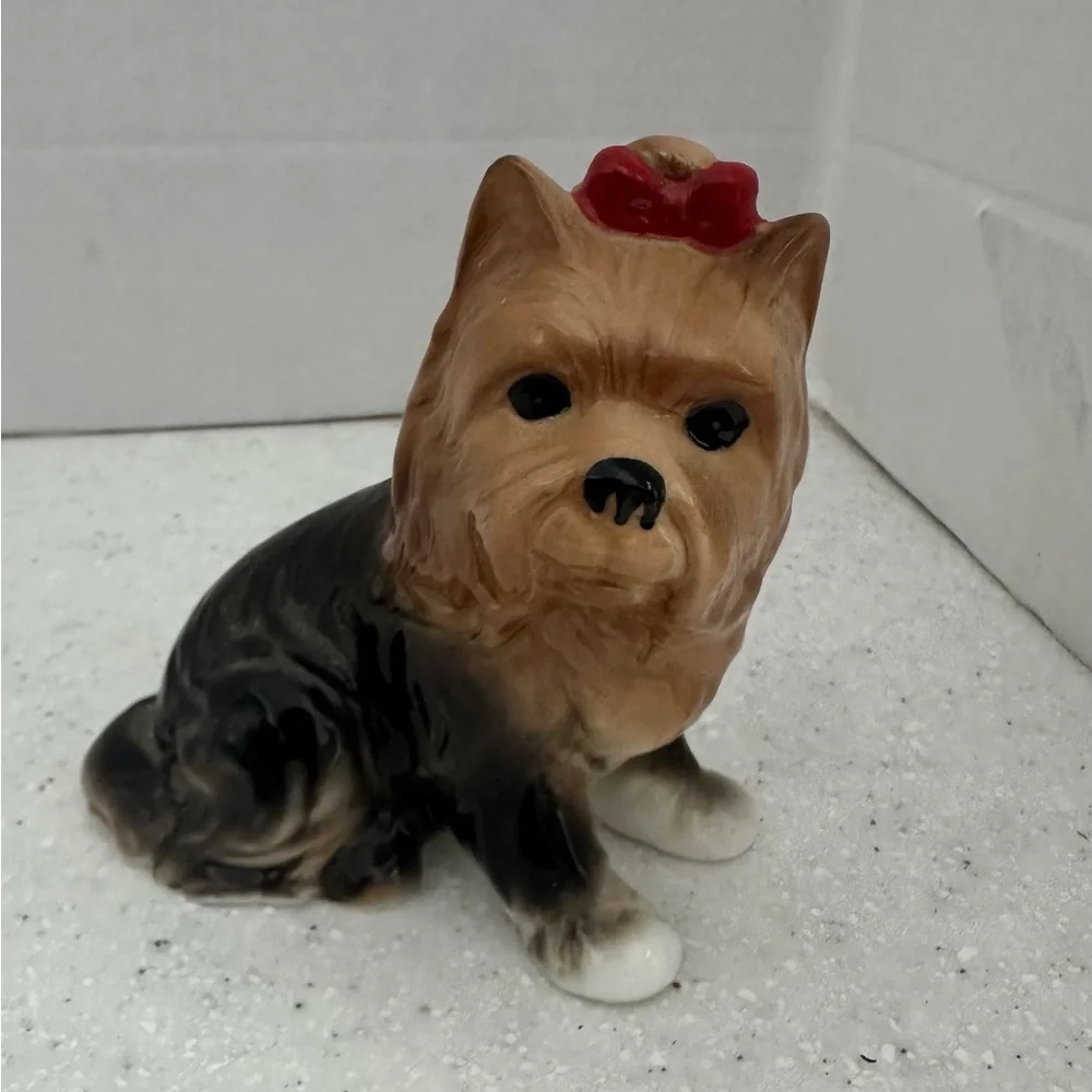 Vintage Bone China Yorkshire Terrier Dog Figurine with Red Bow! Collectible